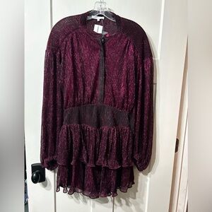 Olivaceous Ruffle long Sleeve Button up Metallic Burgundy dress